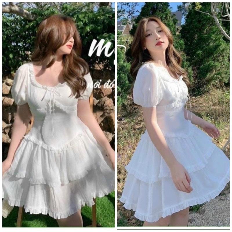 ĐẦM DÁNG XÒE Đầm trắng tầng viền bèo