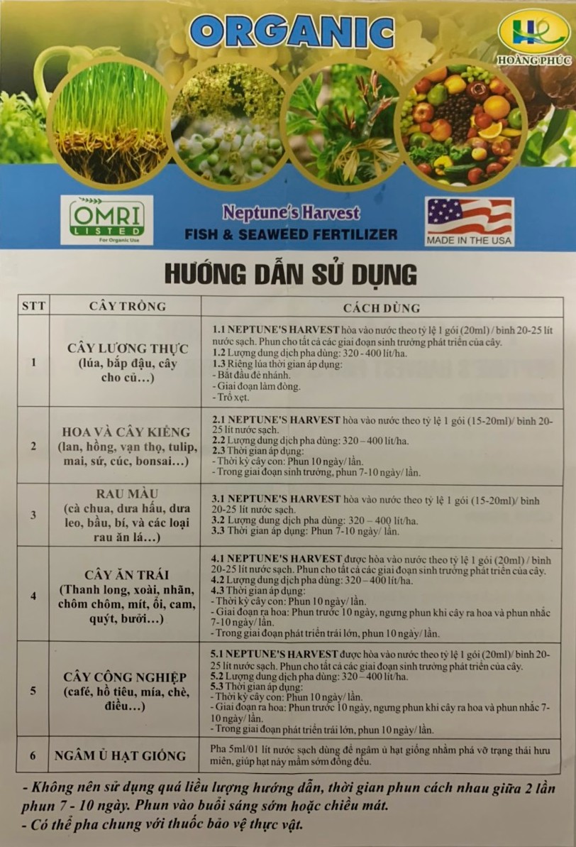 Phân bón lá hữu cơ NEPTUNE'S HARVEST FISH & SEAWEED FERTILIZER 2-4-0,5 - Chai 200ml