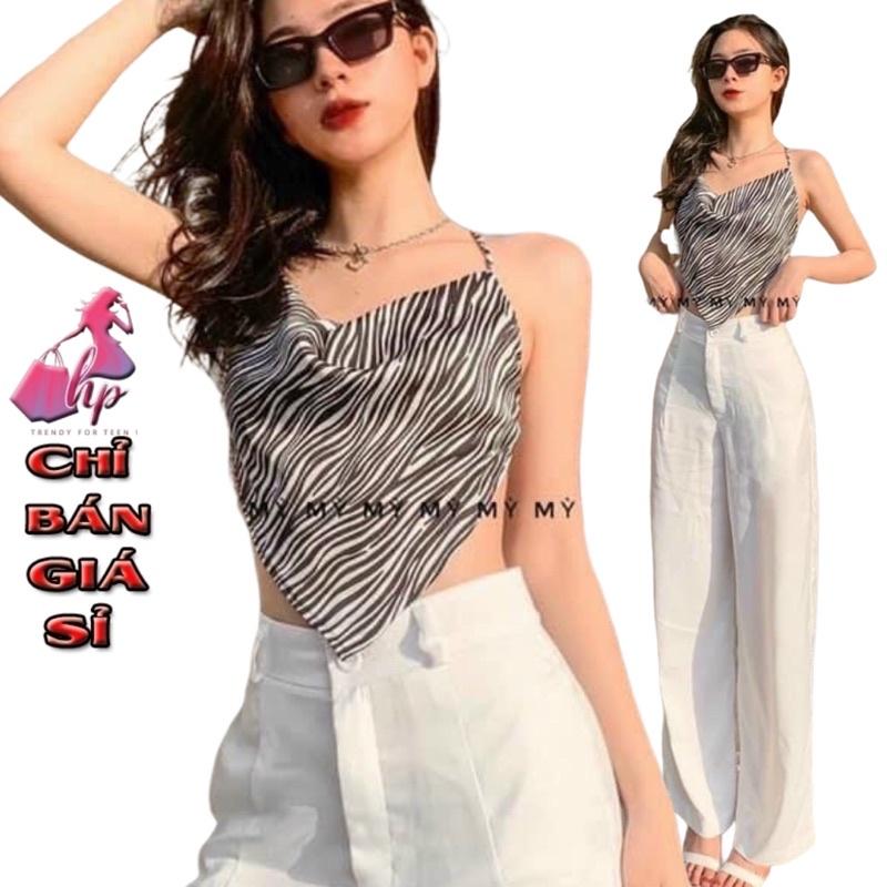 áo hai dây nữ cổ đổ cột nơ croptop vạt bầu hở lưng sọc vằn mẫu mới thời trang 2021