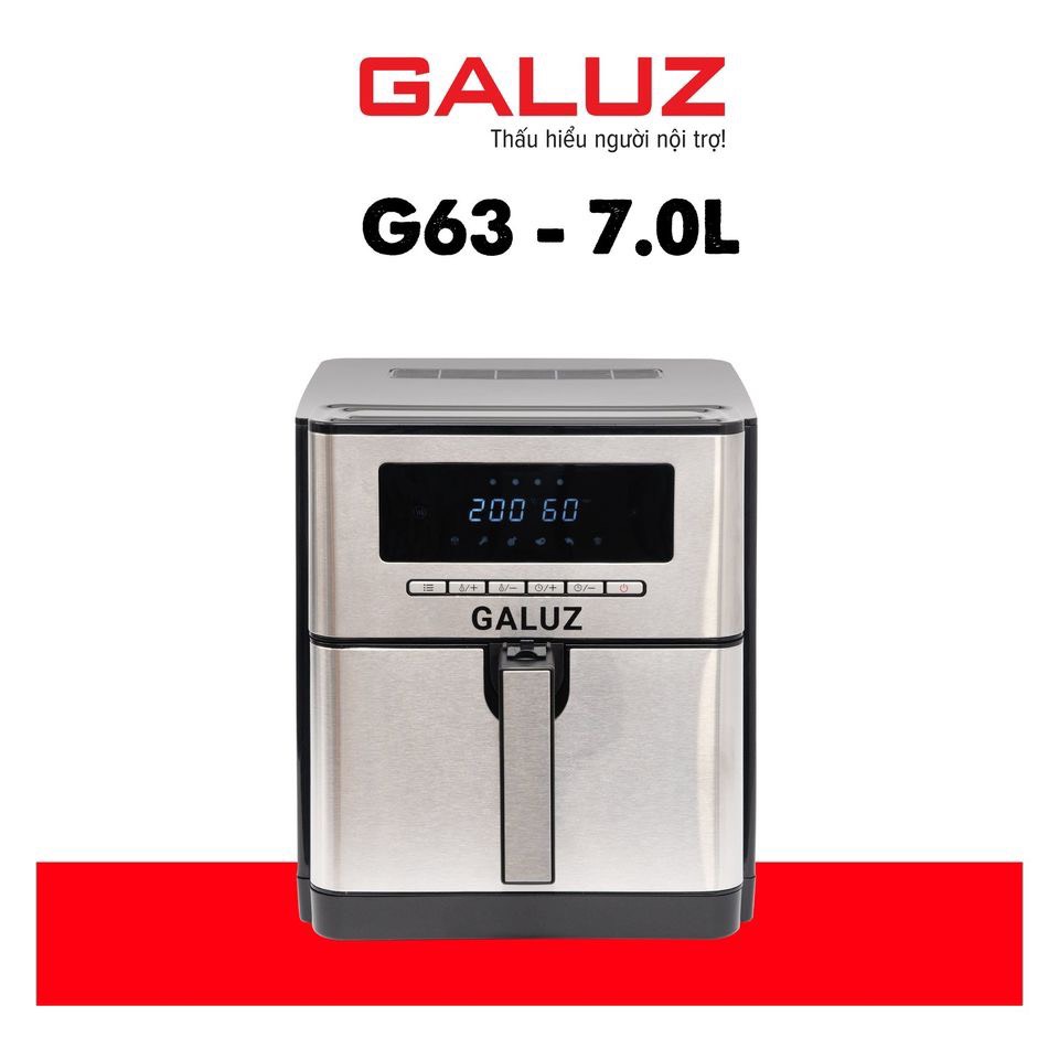 Nồi chiên không dầu Galuz G63, công suất 1700W, dung tích 7L, bảng điều khiển điện tử kết hợp nút điều chỉnh tăng giảm, giỏ chiên phủ chống dính tháo rời linh hoạt, hàng chính hãng