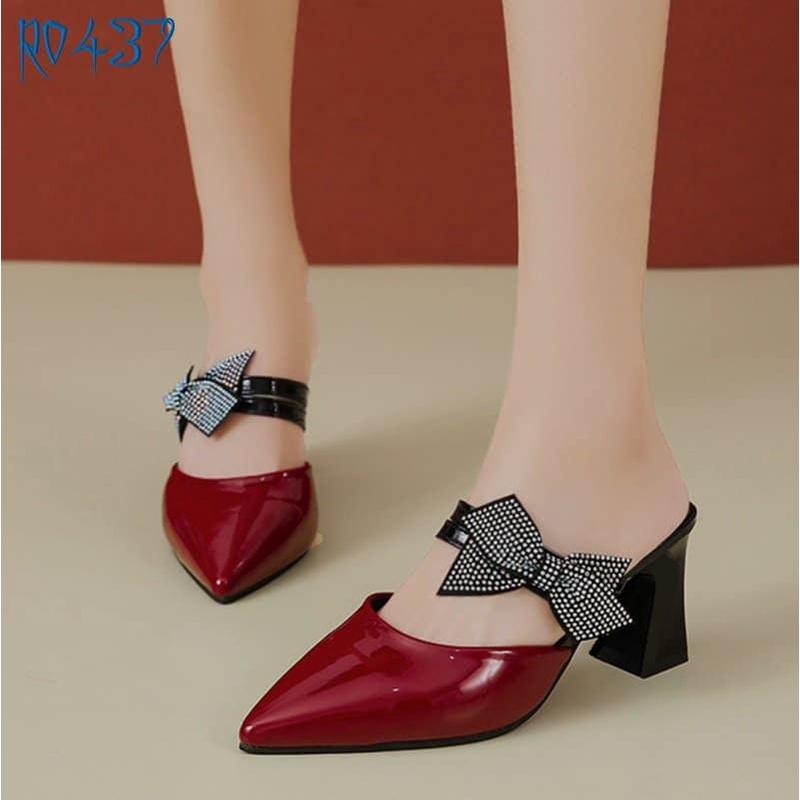 Giày cao gót nữ đẹp đế vuông 7 phân hàng hiệu rosata hai màu đỏ kem ro437