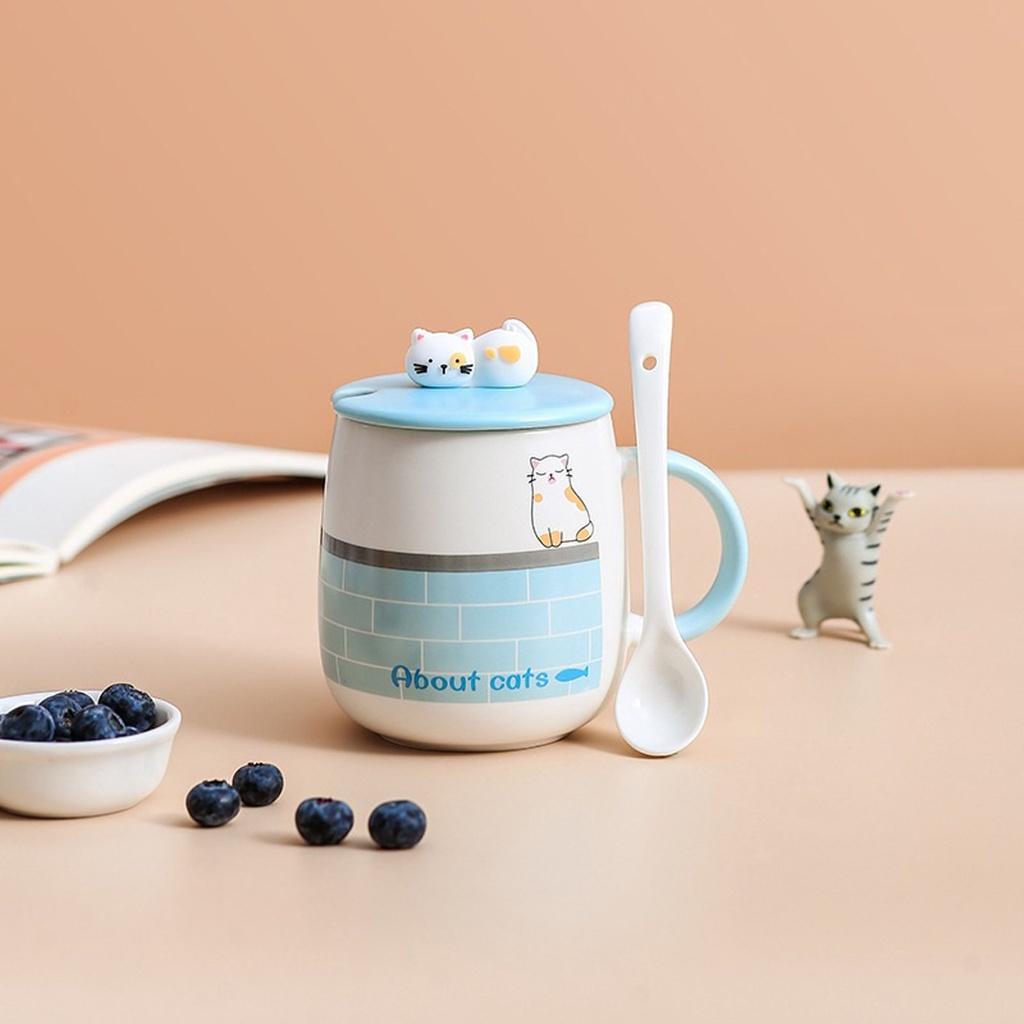 Bộ cốc sứ, Cốc đánh răng, Quà lưu niệm, cute kèm nắp hình mèo và muỗng dễ thương 450ml
