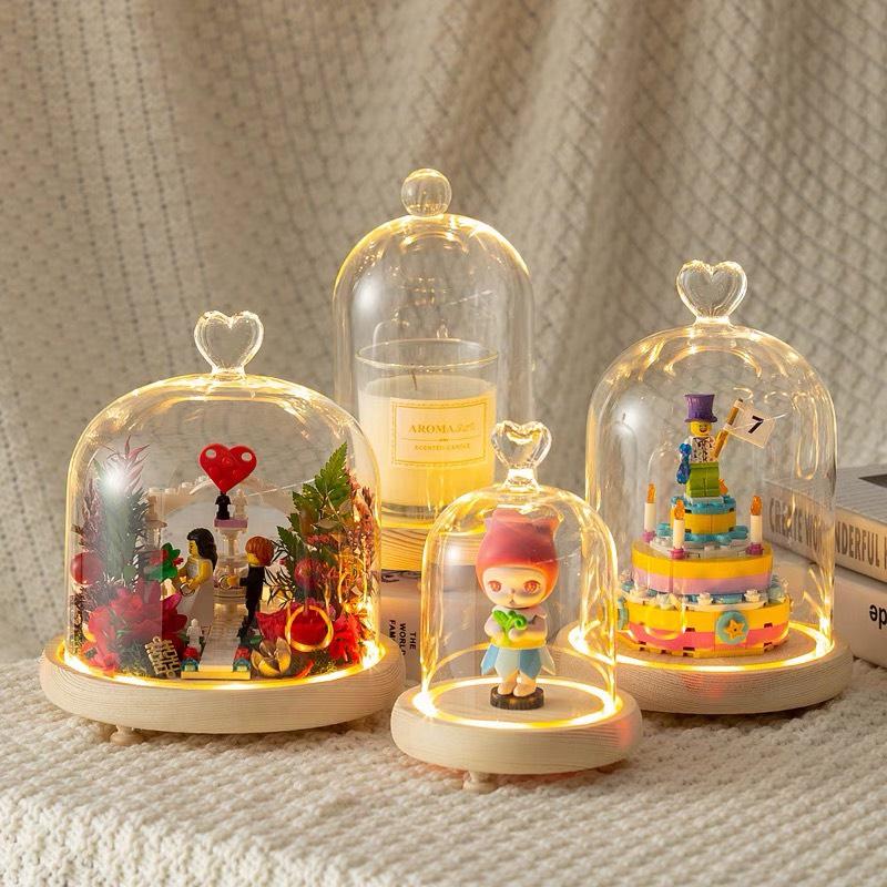 Chụp thủy tinh đế gỗ chống bụi, trang trí trái tim, chim, thỏ, noel - đậy nến thơm Candle Cup, BBW