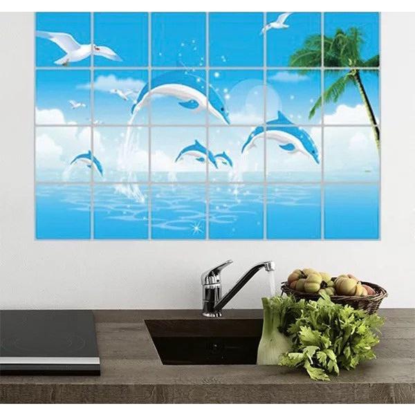 Giấy dán bếp tráng Nhôm Cách Nhiệt chống dầu mỡ hình Cá Heo – size 90x60cm
