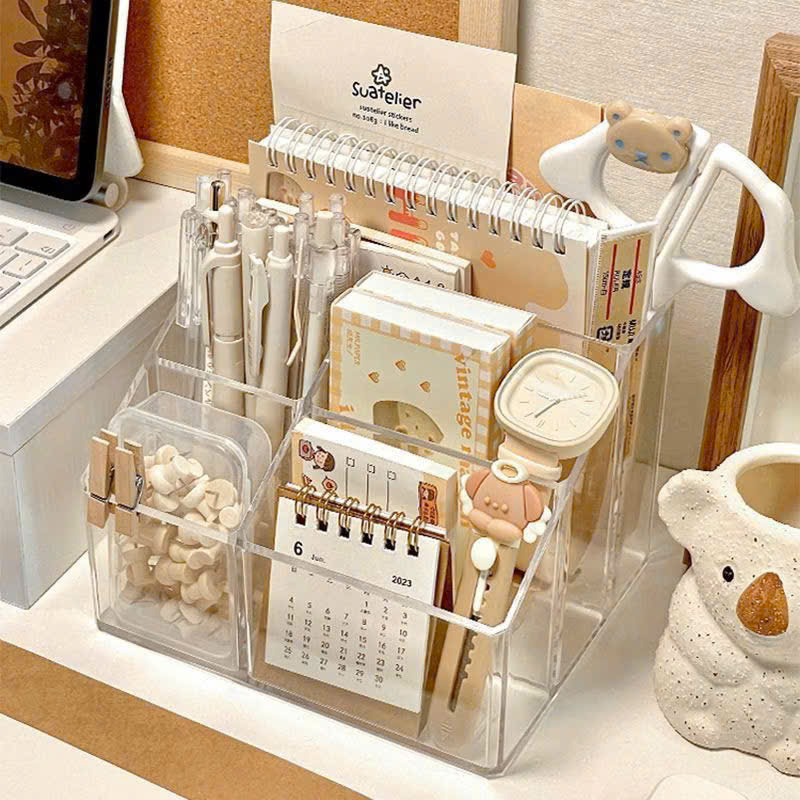 Ống Cắm Bút Trong Suốt 5 Ngăn Đựng Bút Cọ Trang Điểm Decor Bàn Học - Tiện Lợi, Sang Trọng - HÀNG CHÍNH HÃNG MINIIN