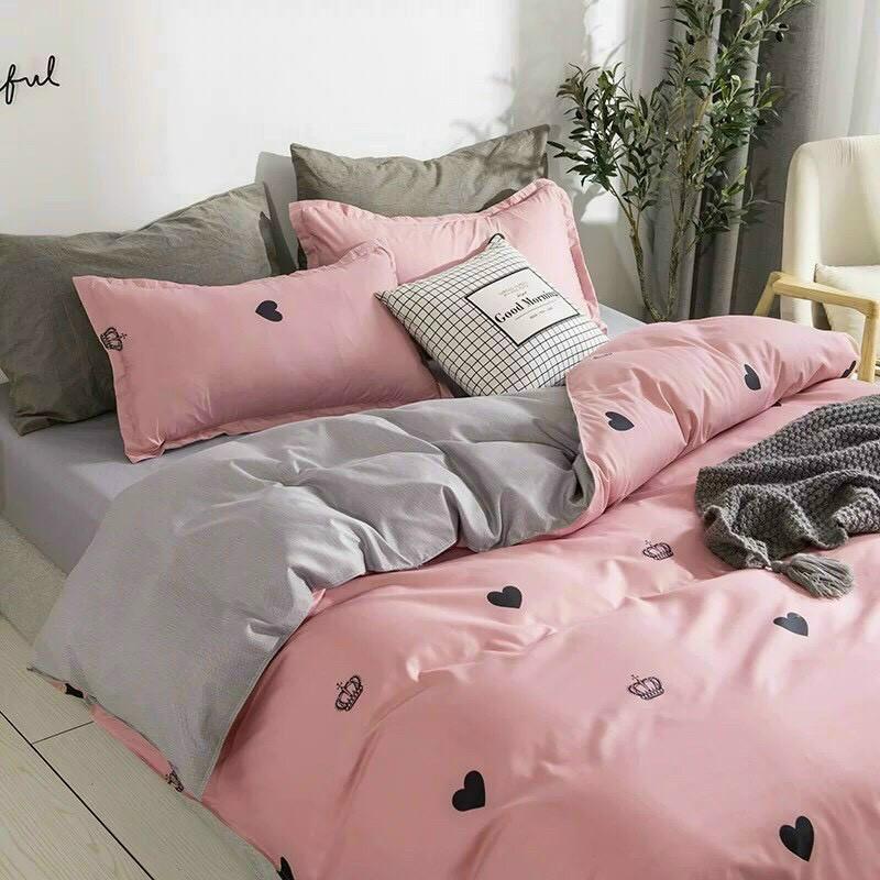 Bộ chăn ga gối Cotton poly M2T Bedding Tim vương miện, vỏ chăn mền, drap nệm và 2 vỏ gối