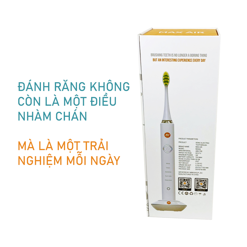 Bàn chải đánh răng điện MaxAir model MA004 công nghệ sóng âm Sonic, 5 chế độ rung, tặng kèm 2 đầu bàn chải, hàng chính hãng