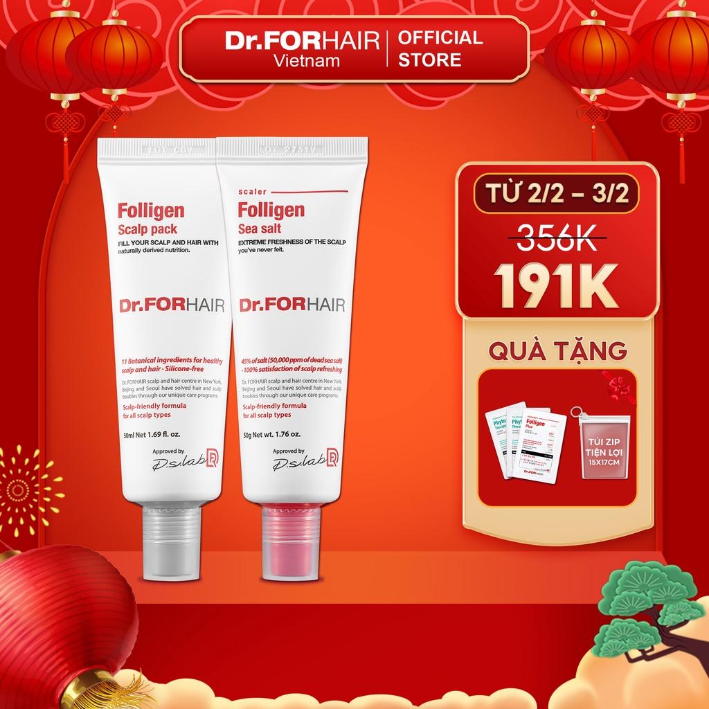 Bộ muối tẩy tế bào chết da đầu và dầu xả dưỡng tóc Dr.FORHAIR Folligen Scalp Pack 50ml và Sea Salt Scaler 50g