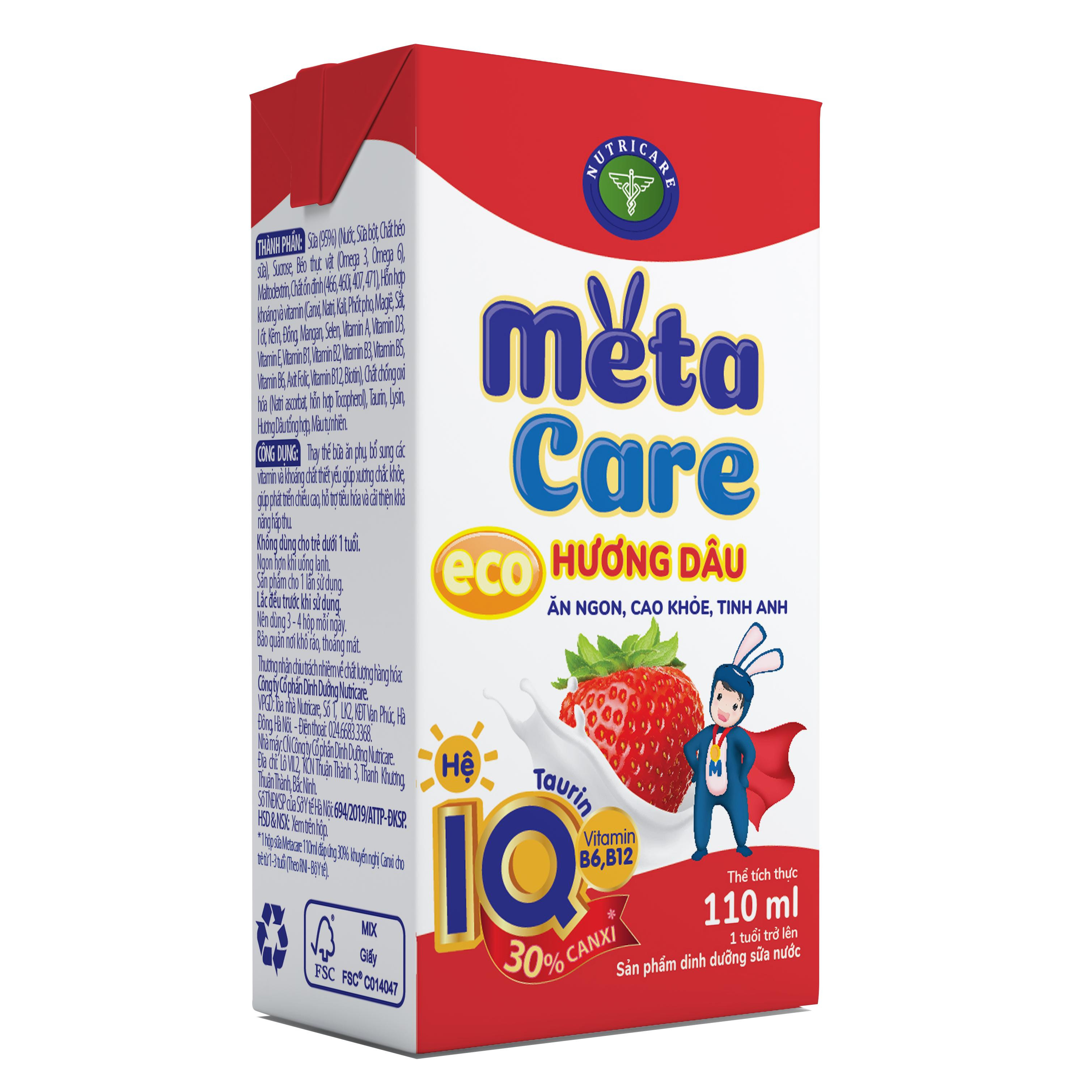 Thùng sữa nước Nutricare Metacare ECO (Vị DÂU) - ăn ngon cao khoẻ tinh anh cho trẻ từ 1 tuổi (110ml x 48 hộp)