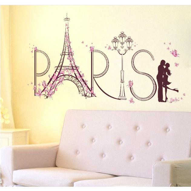 Decal trang trí tường - Tháp PARIS Bướm Hồng Romantic
