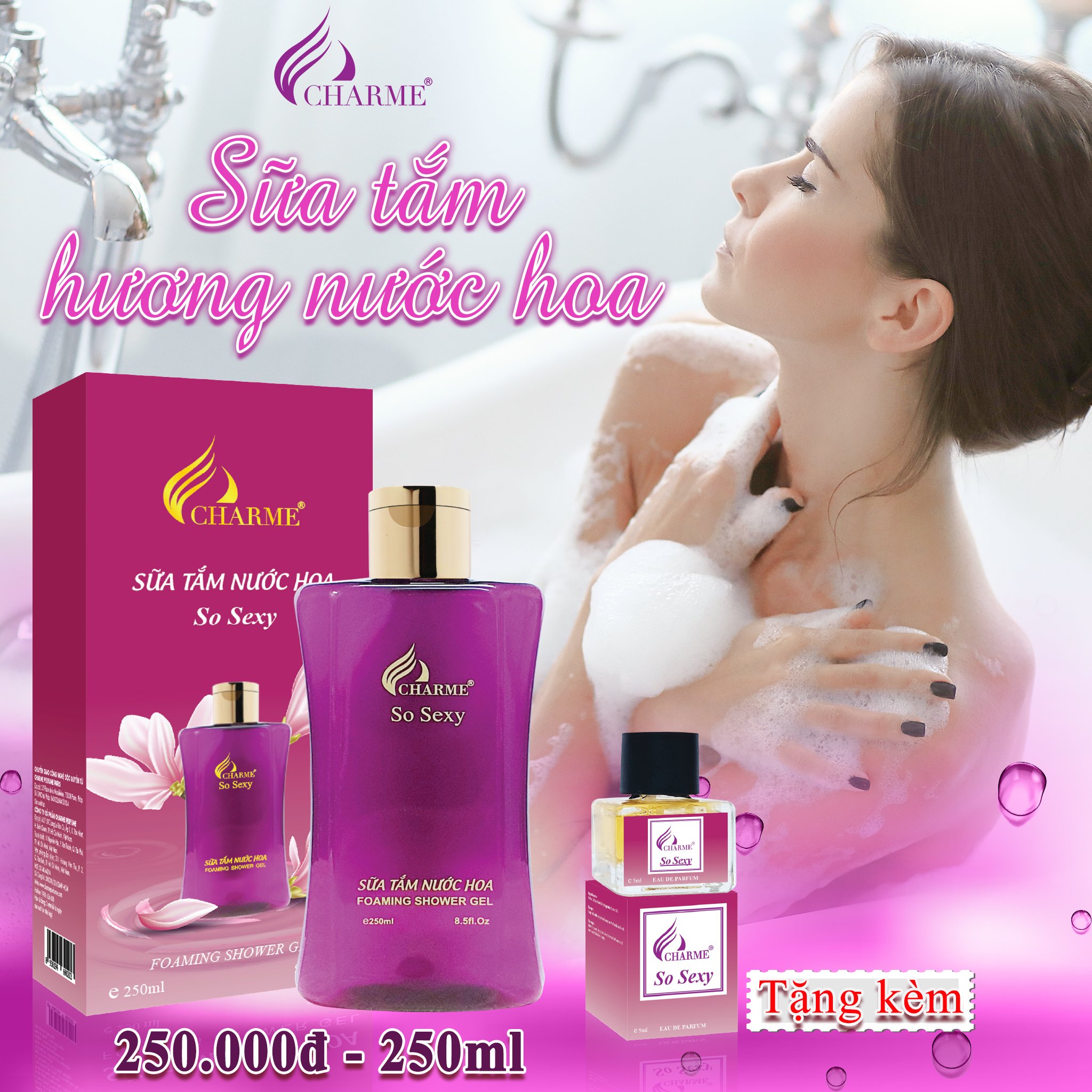 Sữa tắm nước hoa, Charme So Sexy, dòng sữa tắm trắng da, dưỡng ẩm toàn thân, dưỡng da trắng sáng, 250ml