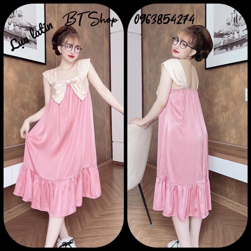 Váy đầm ngủ mặc nhà lụa latin nơ màu trơn freesize 42-57kg