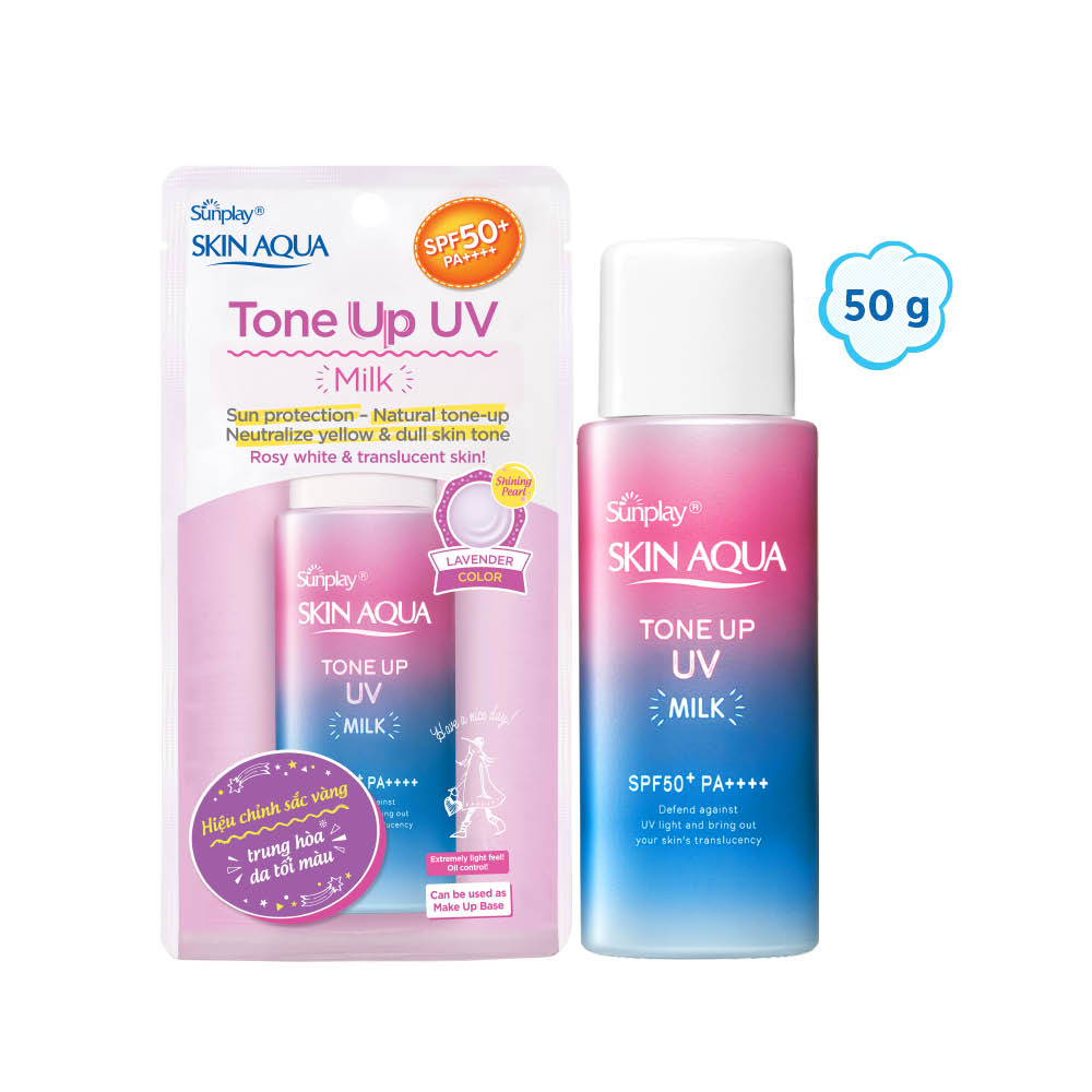 Kem chống nắng nâng tông Skin Aqua Tone up Lavender cho da tối màu &amp; da vàng, dạng sữa Sunplay Skin Aqua Tone Up UV Milk Lavender SPF 50+ PA++++ 50g