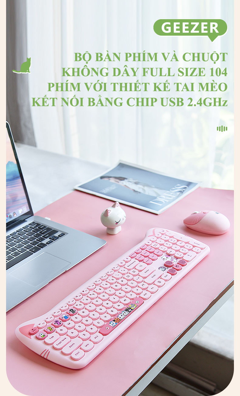 Bộ bàn phím và chuột không dây MOFII KITTY PLUS full size 104 phím với hình dáng tai mèo dễ thương kết nối bằng chip USB - HÀNG CHÍNH HÃNG