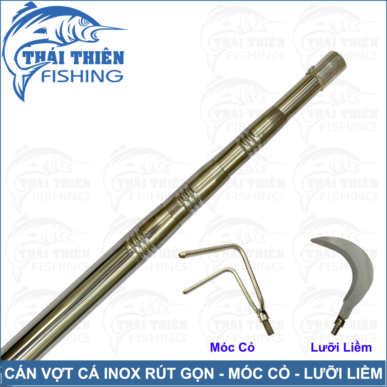 Cán vợt cá, cán gắn móc cỏ, cào lục bình Inox đầu ren trong 8ly dài 1m5 đến 6m có thể thu gọn