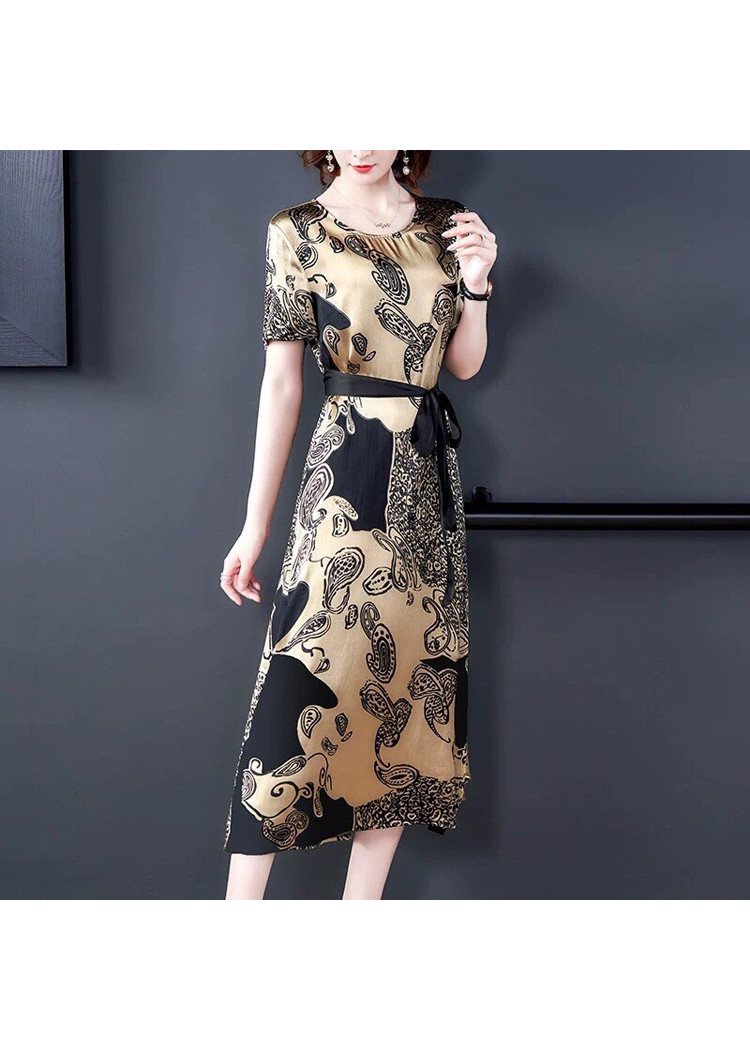Đầm lụa họa tiết thắt nơ eo - LV2755