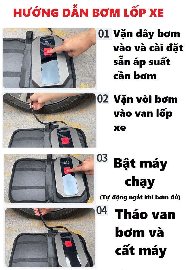 Bơm Lốp Điện Tử Cao Cấp Tích Hợp Kích Bình Đề Nổ Xe Ô Tô Dung Lượng Khủng 69800mA , Dòng Điện Cực Đại 6000A ,Cứu Hộ Xe Hơi Kiêm Sạc Dự Phòng, Đèn Led SOS