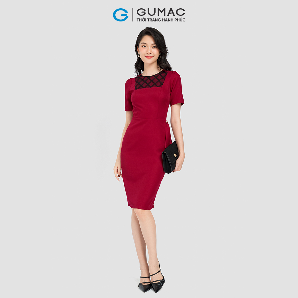 Đầm phối ren cổ GUMAC LD0815 ôm body vải cotton màu đỏ nâu