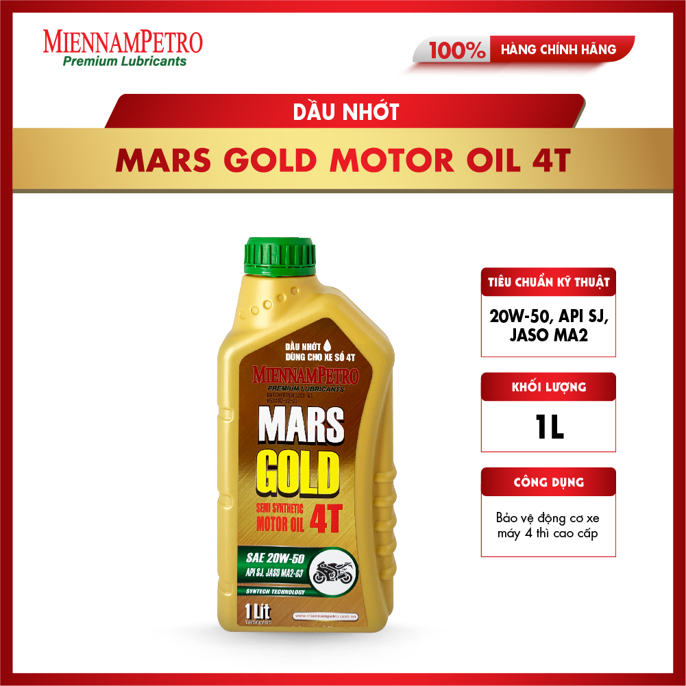 Dầu Nhớt MiennamPetro Mars Gold Motor Oil 4T 20W-50 API SJ JASO MA2 1L Bảo Vệ Động Cơ Xe Máy 4 Thì Cao Cấp