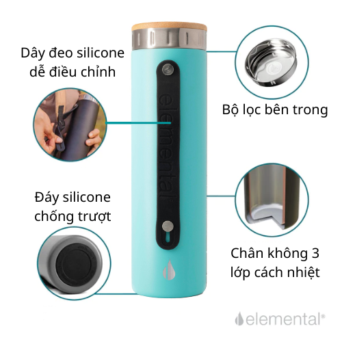Bình giữ nhiệt Elemental Iconic màu xanh lam 590ml, giữ nhiệt vượt trội, inox 304, FDA Hoa Kì, An toàn sức khỏe, có lưới lọc