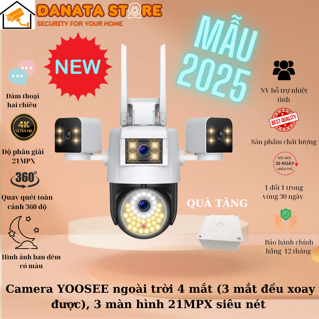 (Lỗi 1 đổi 1) Camera YOOSEE ngoài trời 4 mắt (3 mắt đều xoay được), 3 màn hình 24MPX siêu nét có Tiếng Việt- Hàng chính hãng