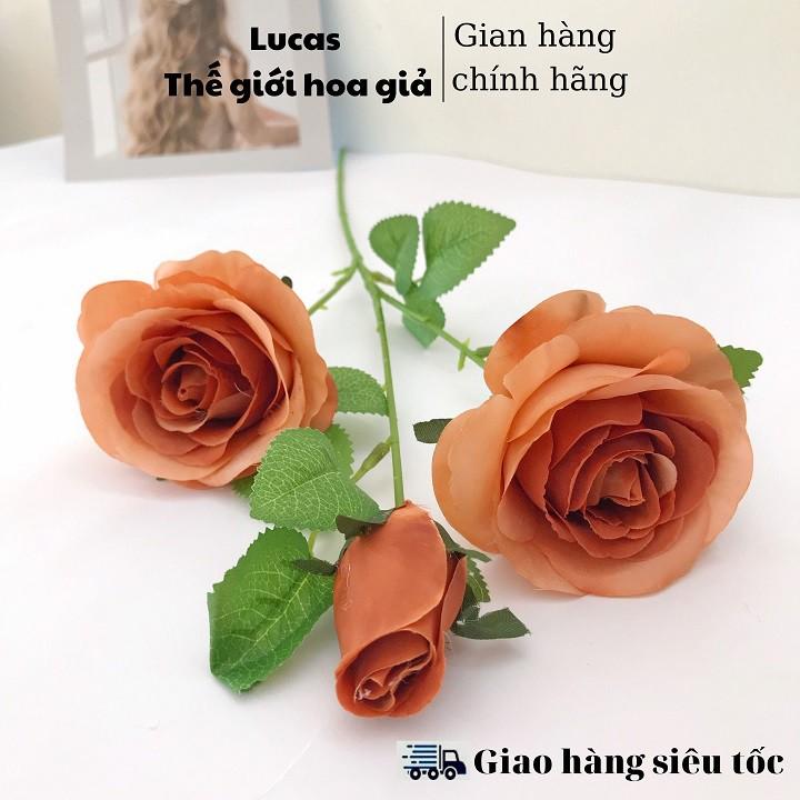 Hoa giả - Hoa Hồng nụ cao Lucas 65cm cành 2 bông 1 nụ trang trí bền, đẹp, giống thật