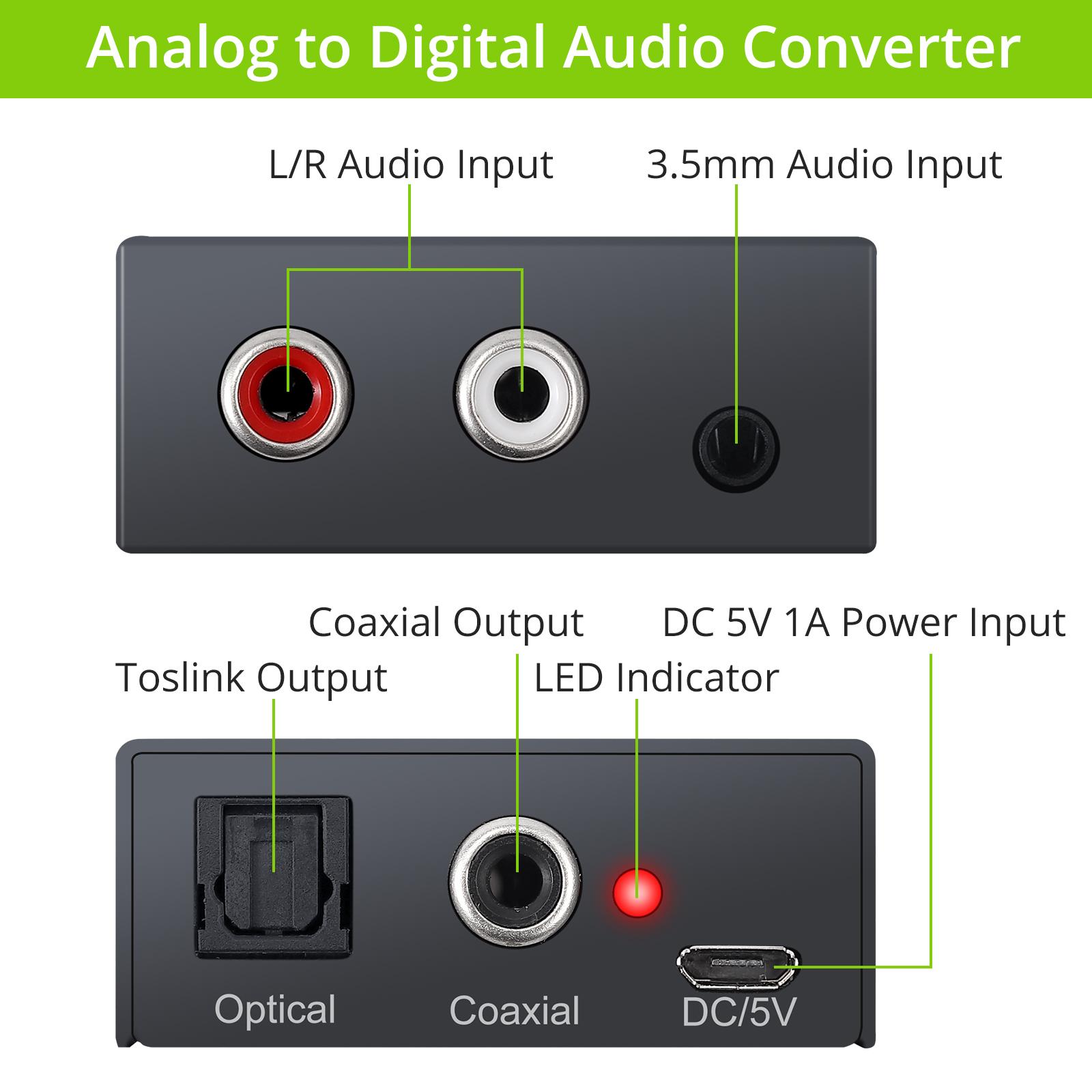 Linkfor Analog sang Digital Audio Converter 2RCA R/L hoặc 3,5 mM Jack Aux sang Toslink SPDIF quang học và đồng trục 48