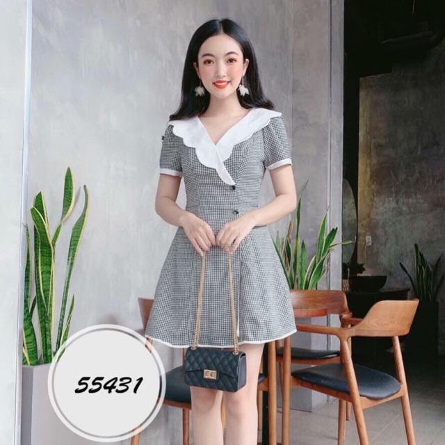 Đầm xoè cát caro cổ bèo trắng ( Có size M L XL 2XL đến 58kg ) MMR