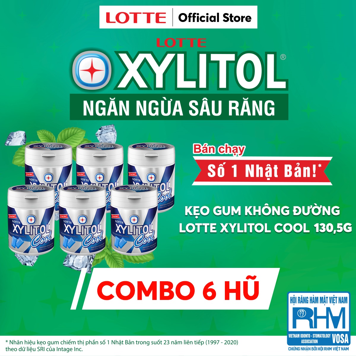 Combo 6 hũ Kẹo gum không đường Lotte Xylitol Cool 130,5 g