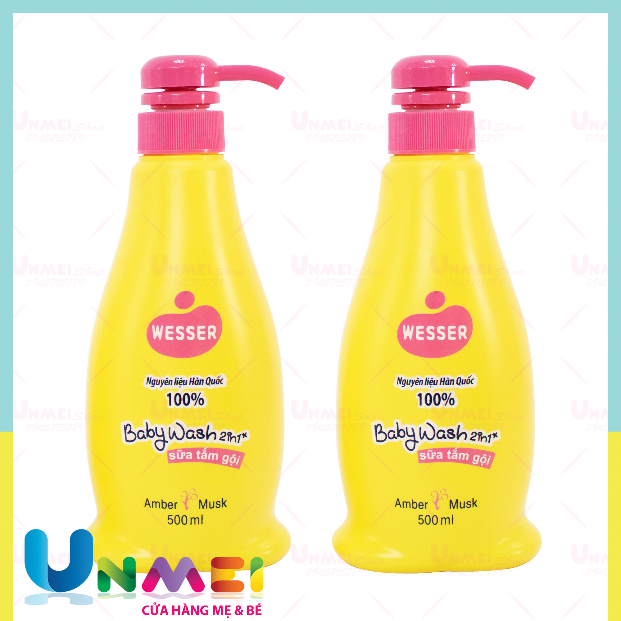 [2 Chai] Sữa Tắm Gội Wesser 2in1 Hàn Quốc, Sữa tắm cho bé không cay mắt (2 chai x 500ml) tặng 1 khăn Sữa Unmei Sợi Tre 6 Lớp