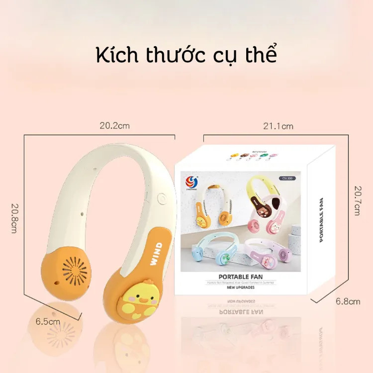 Quạt mini đeo cổ họa tiết hoạt hình, thiết kế không cánh, rảnh tay khi hoạt động, vận động, dự sự kiện ngoài trời cho nam và nữ, dễ sử dụng và mang đi mọi nơi