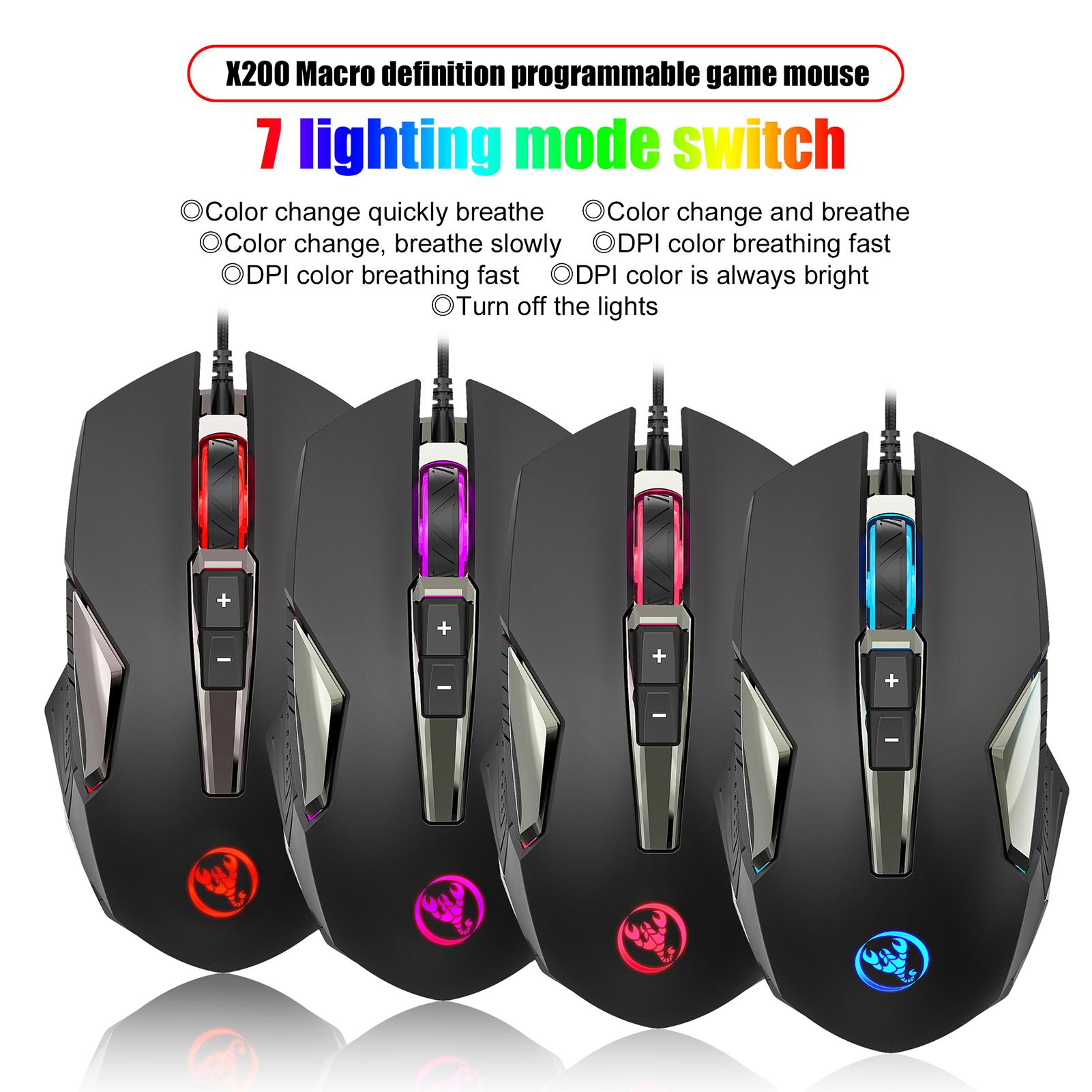 HXSJ X200 8 Keys Wired Gaming Mouse Macro Programming Mouse with 4-gear Adjustable DPI Colorful Lighting Effects