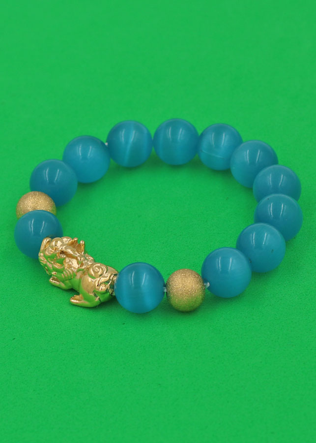 Vòng đeo tay Đá Mắt Mèo Xanh Biển 12 ly - cẩn Tỳ Hưu Phong Thủy inox vàng VMEXBTHHBV12 - hợp mệnh Thủy, mệnh Mộc