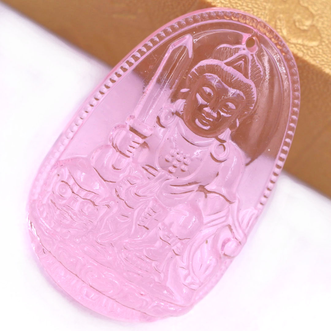 Mặt Phật Văn thù pha lê hồng 1.9cm x 3cm  kèm vòng cổ dây cao su đen + móc inox vàng, Phật bản mệnh, mặt dây chuyền