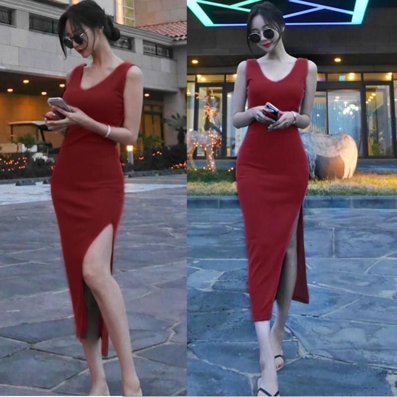 F277 Đầm ôm body form dài cổ tròn sát nách xẻ tà