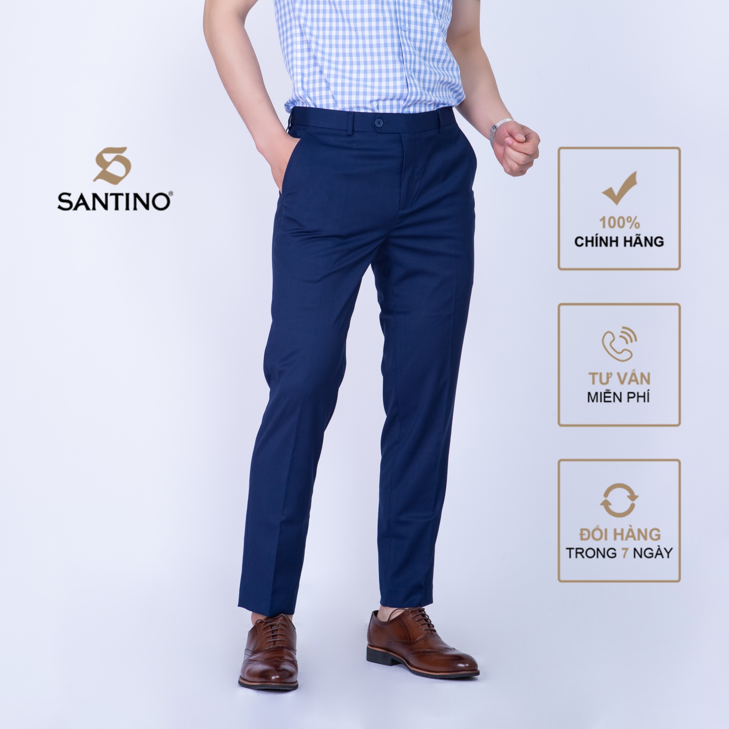 Quần âu nam dài trơn SANTINO, chất liệu Sợi tre dáng ôm slim fit công sở lịch lãm màu xanh Q068