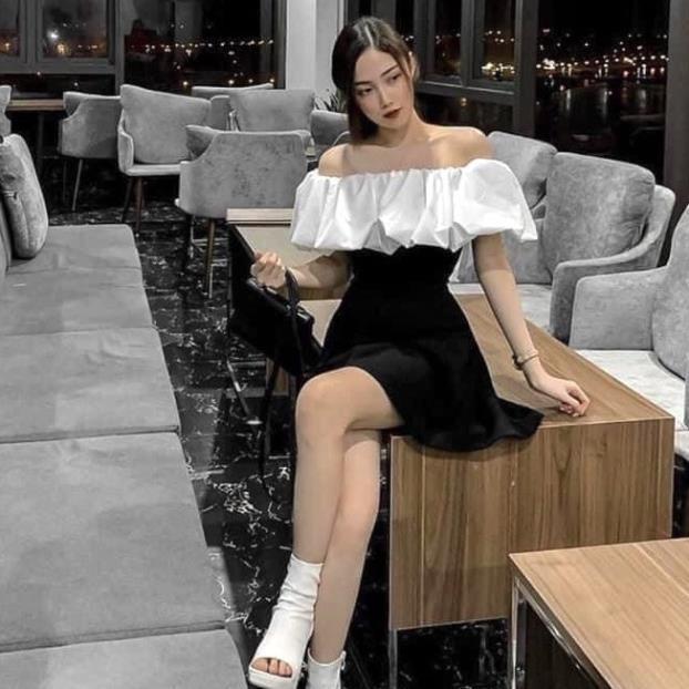 Váy Trễ Vai Phối Ngực Trắng Nữ, Đầm Body Chữ A Đen Hở Vai ,Tay Bồng Bánh Bèo Màu ĐEN TRẮNG