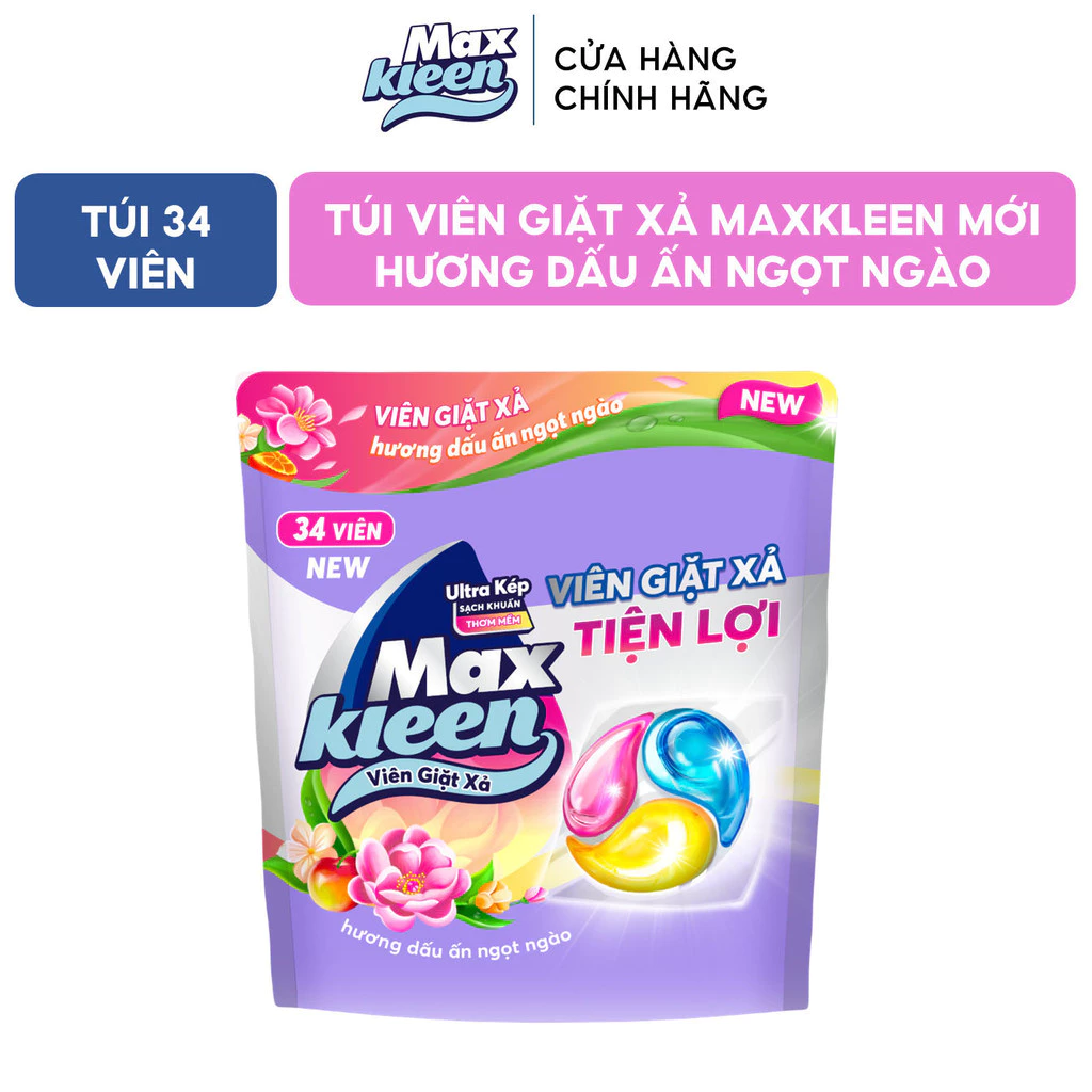 Thùng 8 túi Maxkleen Viên giặt xả Ngọt ngào 15g Túi 34 viên