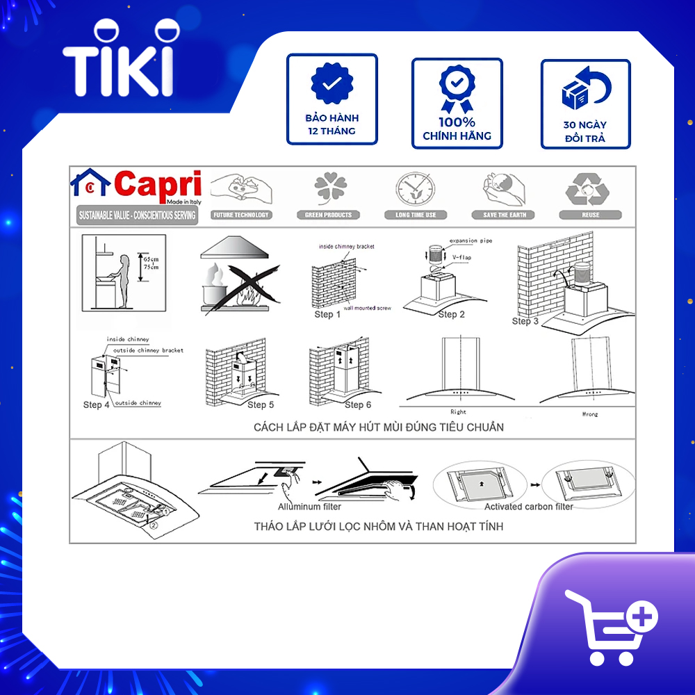 Máy Hút Mùi Hiện Đại Capri CR-639H - Hàng Chính Hãng, Sản Xuất Theo Tiêu Chuẩn Châu Âu, Động Cơ Siêu Êm, Khử Mùi Trực Tiếp, Bền Đẹp, Sang Trọng