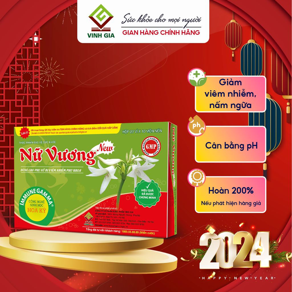 Nữ Vương New Vinh Gia Hỗ Trợ Cân Bằng PH Vùng Nhạy Cảm, Giảm Khí Hư, Ngứa Vùng Nhạy Cảm, Phòng Ngừa Các Bệnh Phụ Khoa Hộp 30 Viên