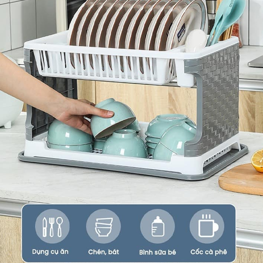 Kệ Đựng Bát Đĩa Cao Cấp Đa Năng 2 Tầng, Chạn Bát Nhựa Có Khay Hứng Nước Vào Ống Để Đũa Thìa Tiện Lợi Giao Màu Ngẫu Nhiên