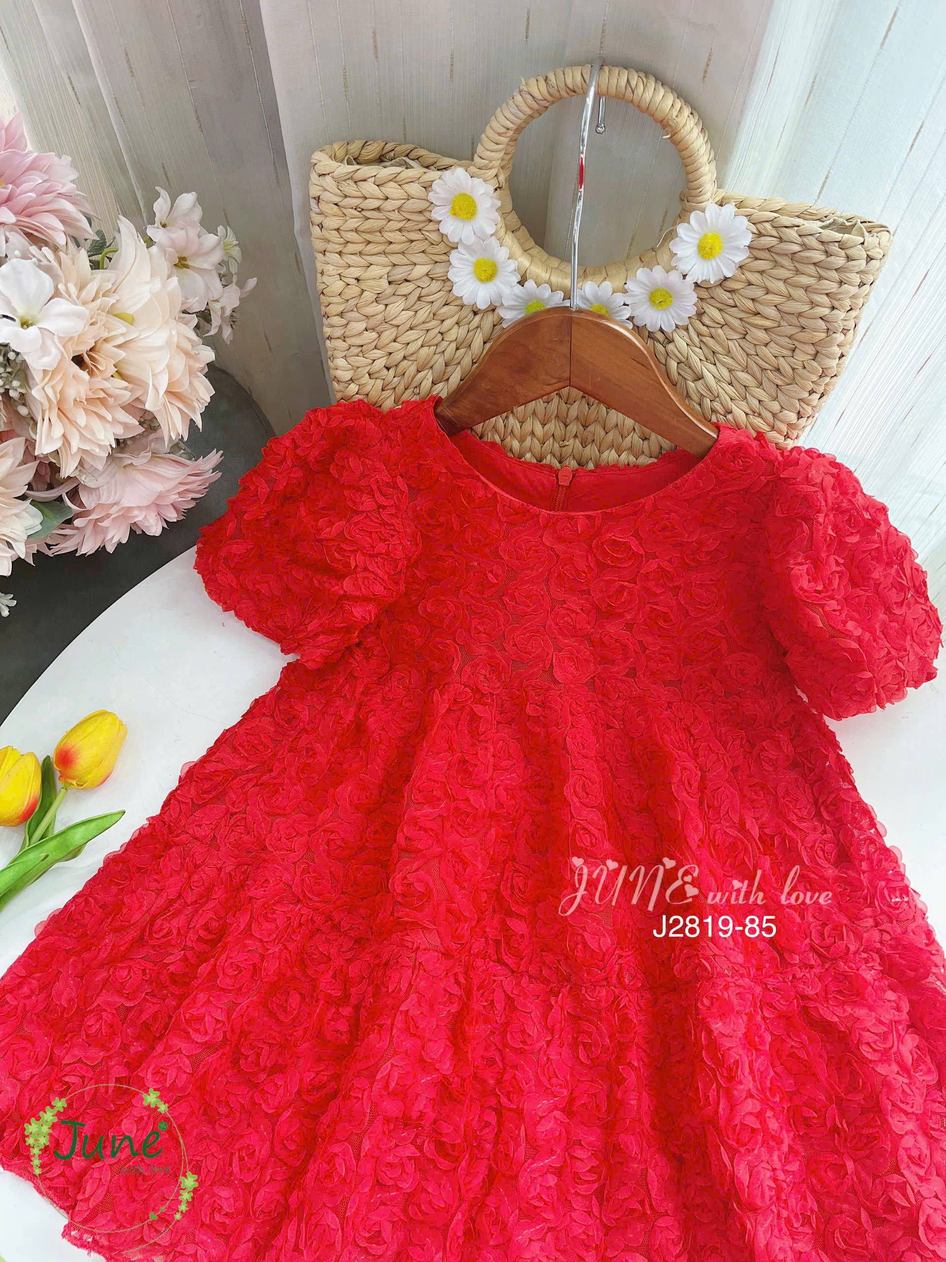 đầm voan công chúa cho bé gái hoa hồng màu đỏ noel giáng sinh biểu diễn dự tiệc hàng thiết kế cao cấp
