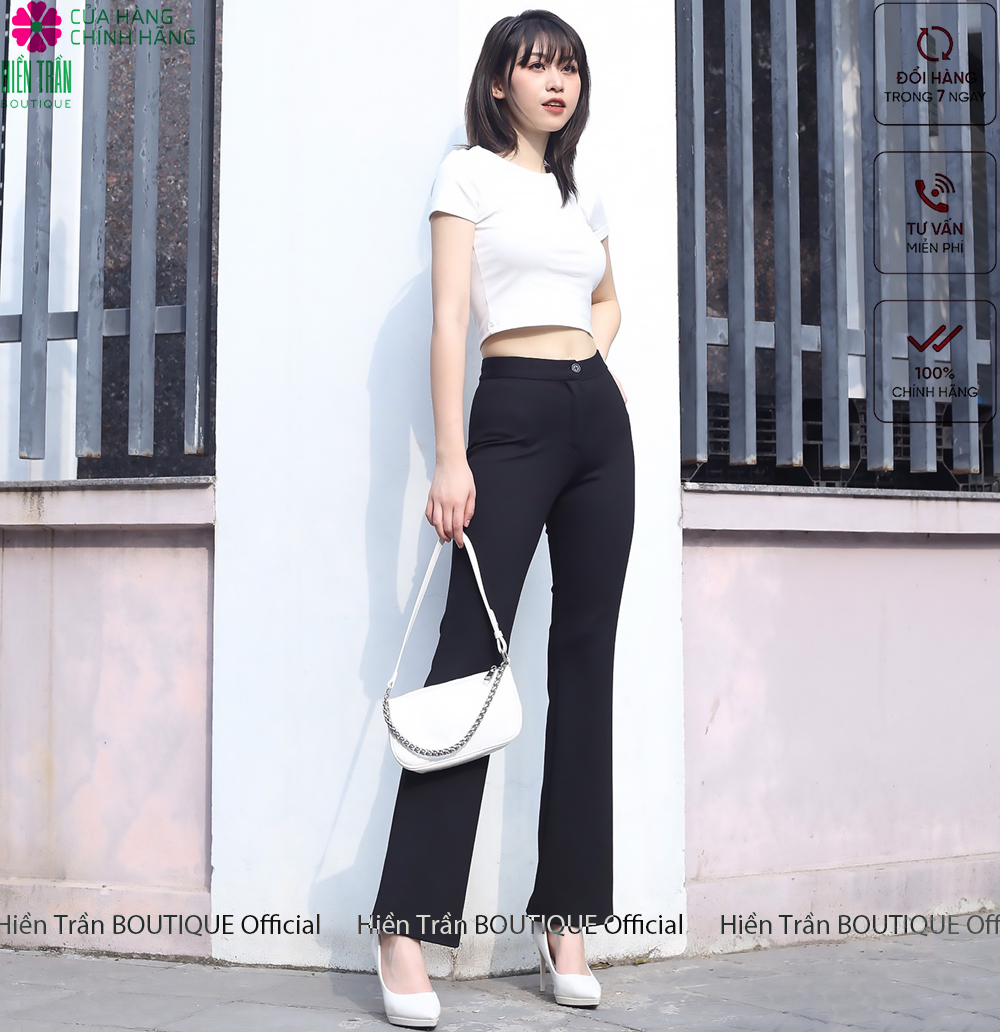 Quần ống rộng Hiền Trần BOUTIQUE lưng cạp cao 1 cúc baggy vải nữ dài suông loe culottes màu đen