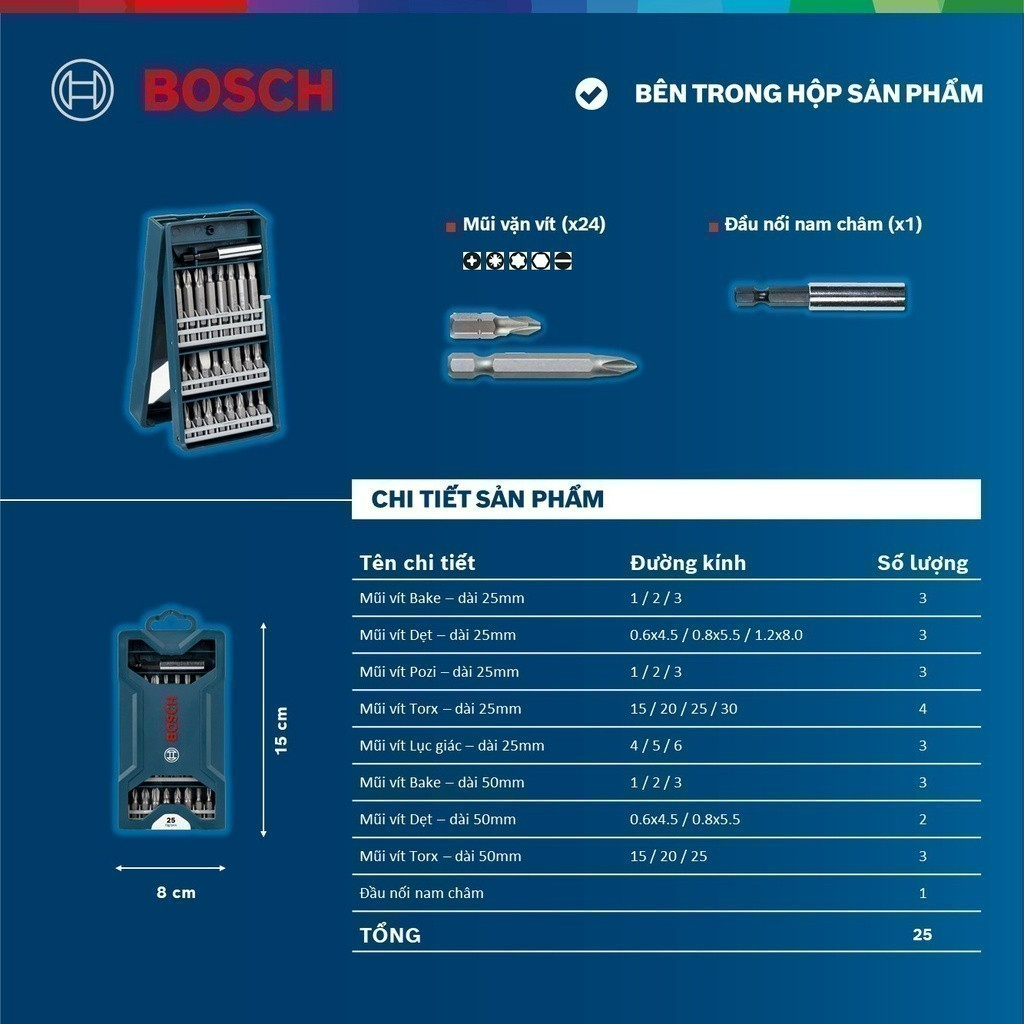 Combo Máy vặn vít dùng pin Bosch GO GEN 2 (2 mũi vít) + Bộ mũi tua vít đa năng Bosch 25 món (xanh dương)