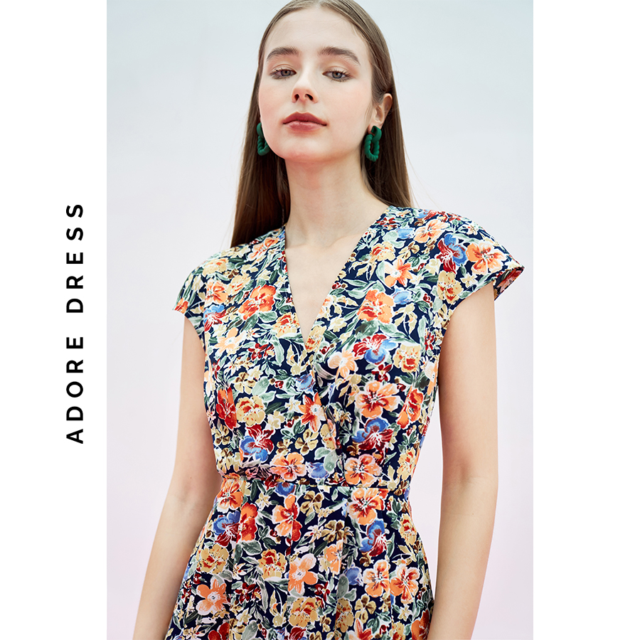 Midi/ maxi jumpsuits lụa navy hoa nhỡ phối gối lửng 311JS2003 ADORE DRESS