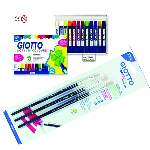 Combo 1 hộp màu 12 TUBES GIOTTO ACRYLIC COLORS 12ML và 1 Vỉ 3 chổi vẽ GIOTTO Art 577 số 6,8,10 - Italia
