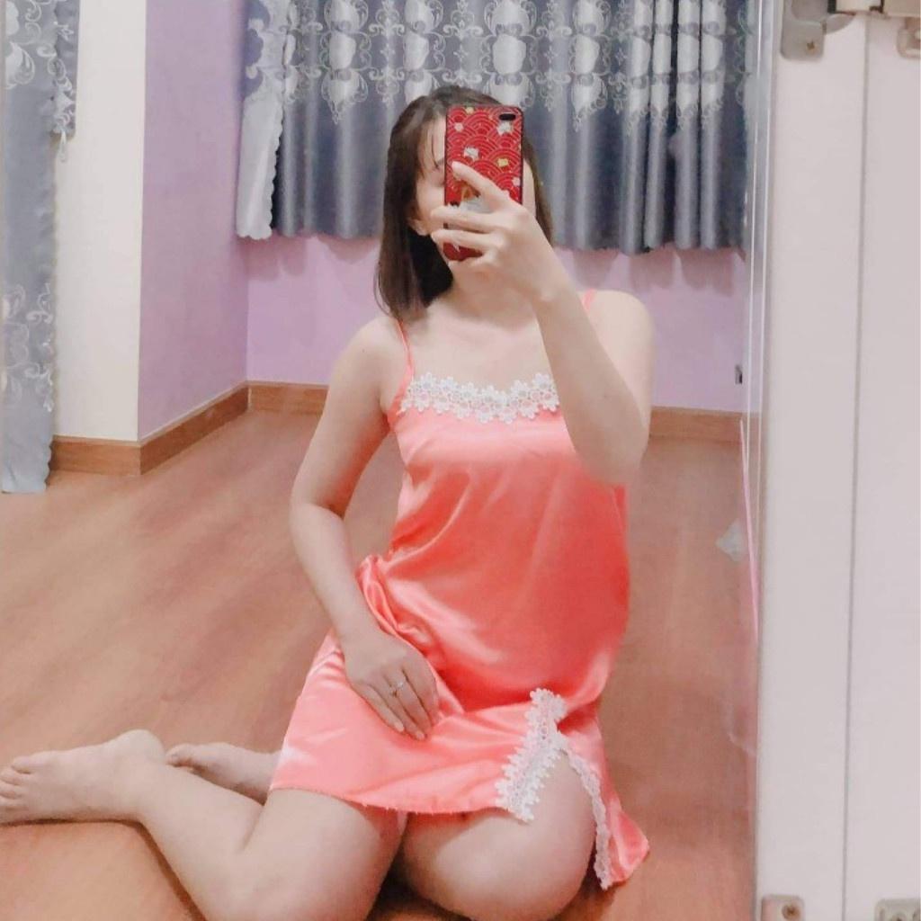 Đầm ngủ 2 dây sexy gợi cảm bigsize, váy ngủ nữ lụa satin phối ren mặc mát thoải mái