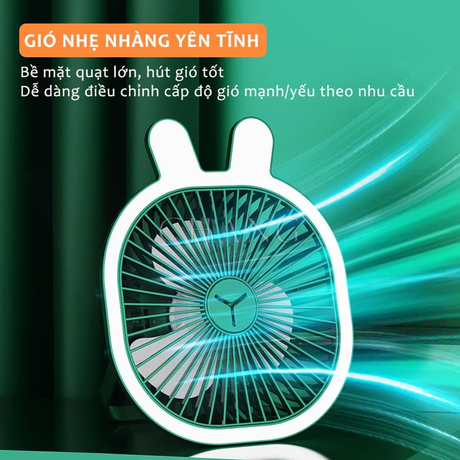 Quạt Tích Điện Tai Thỏ Treo Tường Có Đèn, Quạt Để Bàn Kiêm Đèn Ngủ 3 Cấp Độ Sáng, Điều Chỉnh Góc Gió 360 Độ