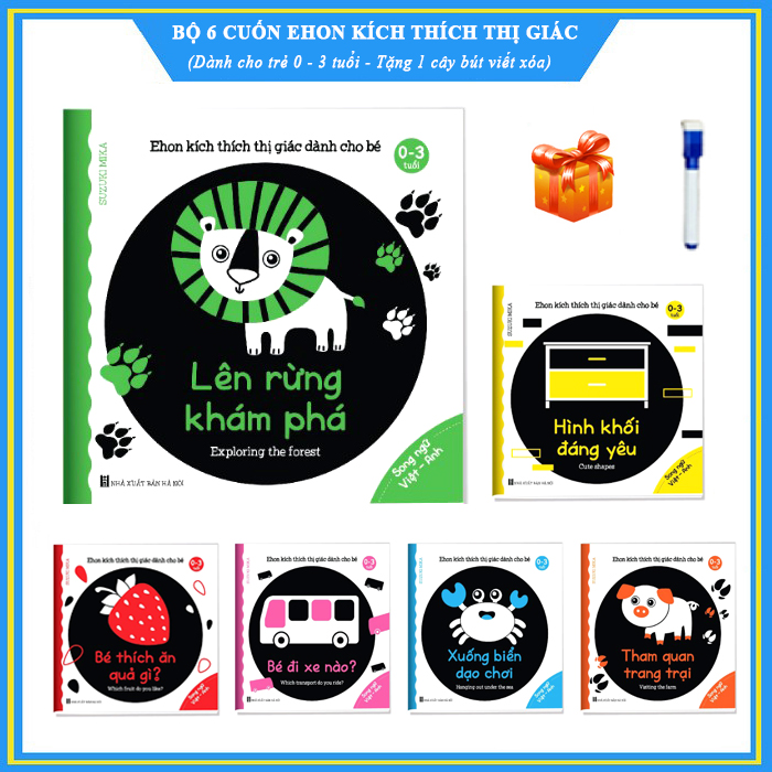 Trọn bộ 6 cuốn Ehon kích thích thị giác cho trẻ 0 - 3 tuổi - Tặng kèm 1 cây bút viết xóa