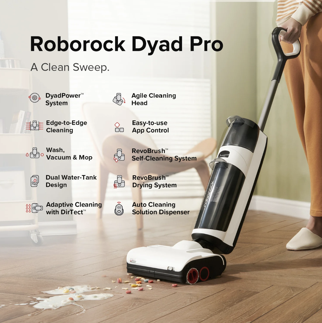 Máy Hút Bụi Lau Sàn Roborock Dyad Pro Công Nghệ Tự Động Giặt Và Sấy Giẻ Lau Bằng Khí Nóng Khử Khuẩn Ion Bạc Cảm Biến Vết Bẩn Kết Nối App Lực Hút 17.000 Pa Diện Tích Lau 300 m2 Công Suất 260 W- Hàng Chính Hãng